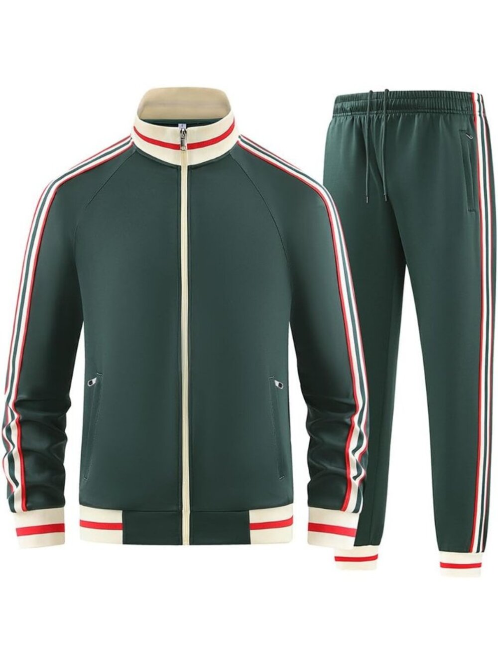 Men's 2 Piece Suit Green Slant Pocket Long Sleeve Full Zip Sweatsuit Jacket Pant